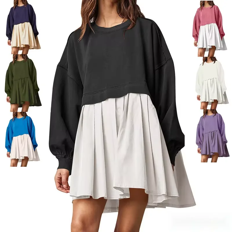 

2024 Women New Autumn Winter Solid Color Patchwork Color Loose Pleated Hoodie Dress Women's Comfort Long Bat Sleeve Casual Top