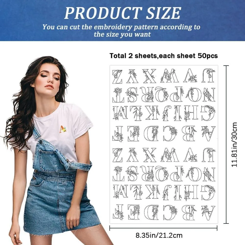 104Pcs Letter Embroidery Transfer Patterns Stabilizers Stick and Stitch A~Z Initial Alphabet Hand Sewing Water Soluble Paper
