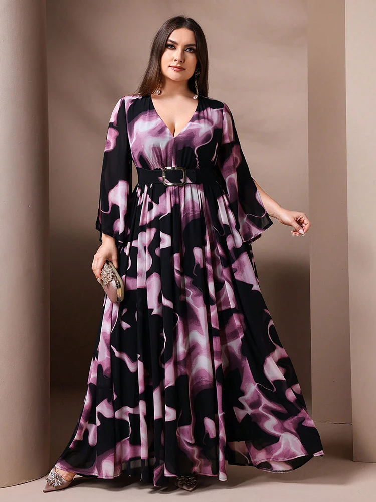 TOLEEN 2024 New Casual Elegant Party Maxi Dresses Women Plus Size V-Neck Tie Dye Printed Wrap Waist Belt Cross Long Sleeve Dress