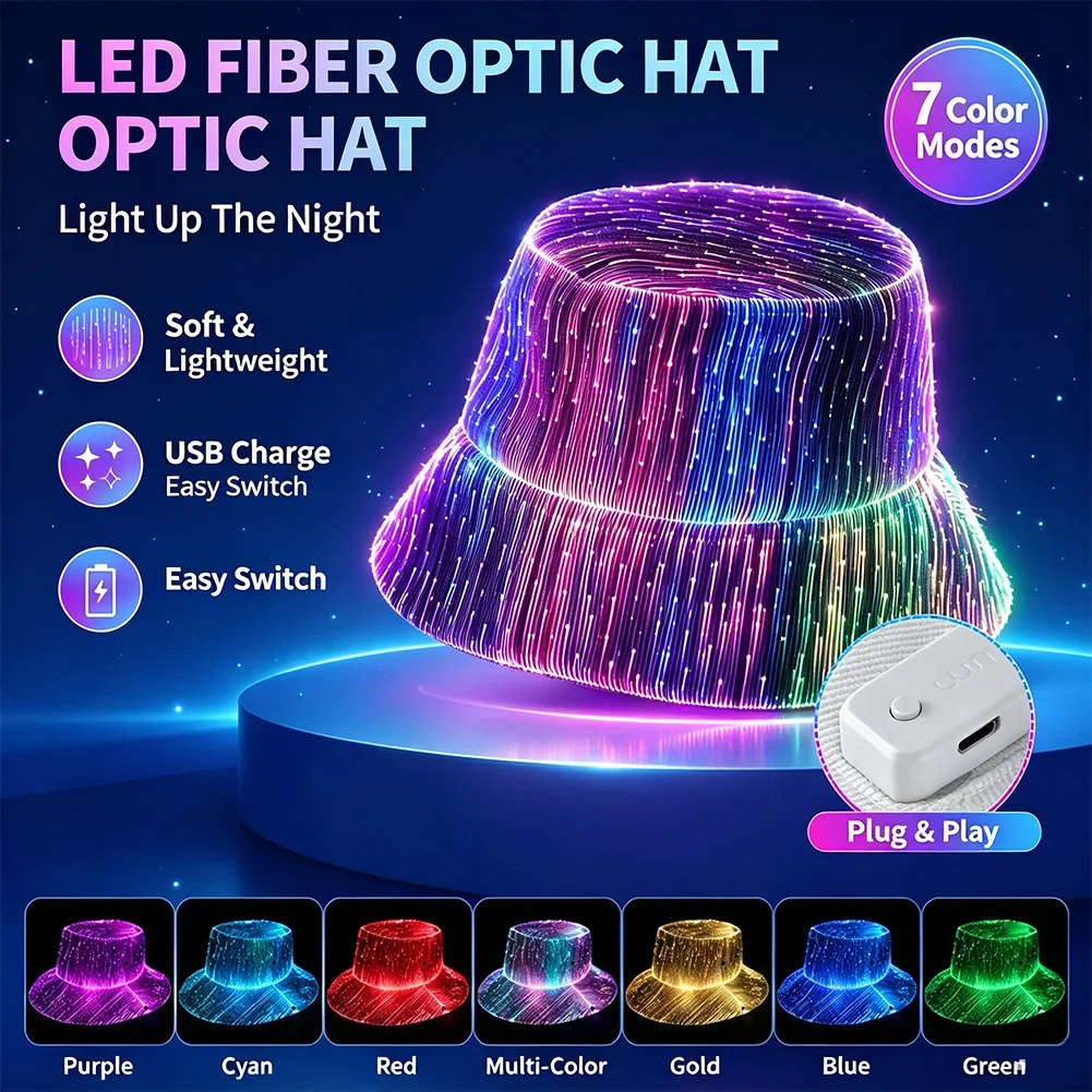 Unisex Fiber Optic LED Glowing Bucket Hat 7 Color Changing USB Charging Cyberpunk Hat For Halloween Christmas Party Accessory