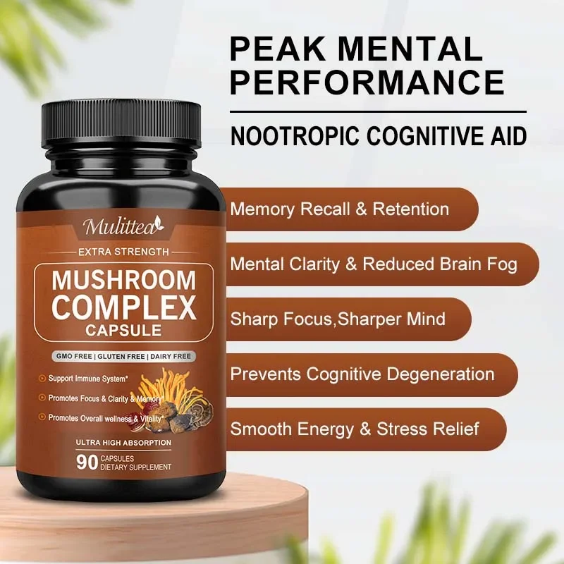 Mulittea Mushroom Complex Capsules with Lions Mane, Chaga, Reishi Nootropic Brain for Memory and Focus Stress Relief