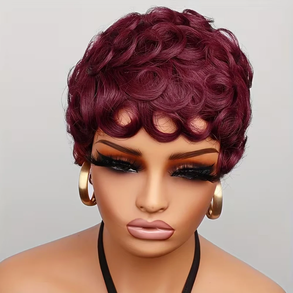 

99j Burgundy Curly Pixie Cut Wig 6 inch Short Human Wig Curly Human Hair with Bangs Full machine-made Real Human Hair