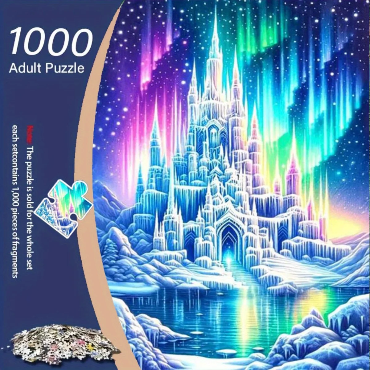 1000 قطعة من أحجية الصور المقطوعة على شكل قلعة الجليد أورورا: مملكة جليدية ملونة تحت السماء المرصعة بالنجوم، مع تأملات على سطح البحيرة، CR