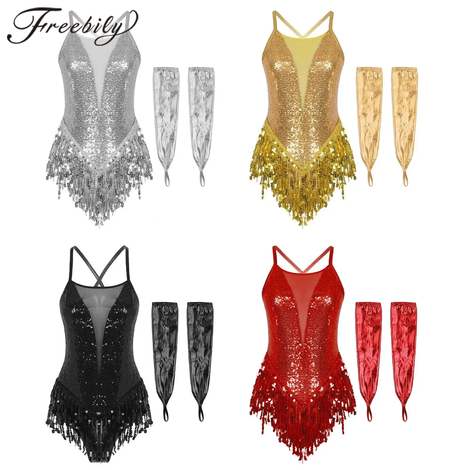 

Latin Dance Outfits For Women Tassel Bodysuit Cocktail Party Costumes Fringe Jumpsuit Tango Salsa Ballroom Leotard With Gloves