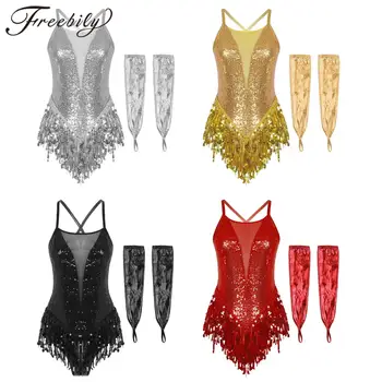 Latin dans kıyafetleri kadınlar için püskül Bodysuit kokteyl parti giysileri saçak tulum Tango Salsa balo salonu Leotard eldiven ile