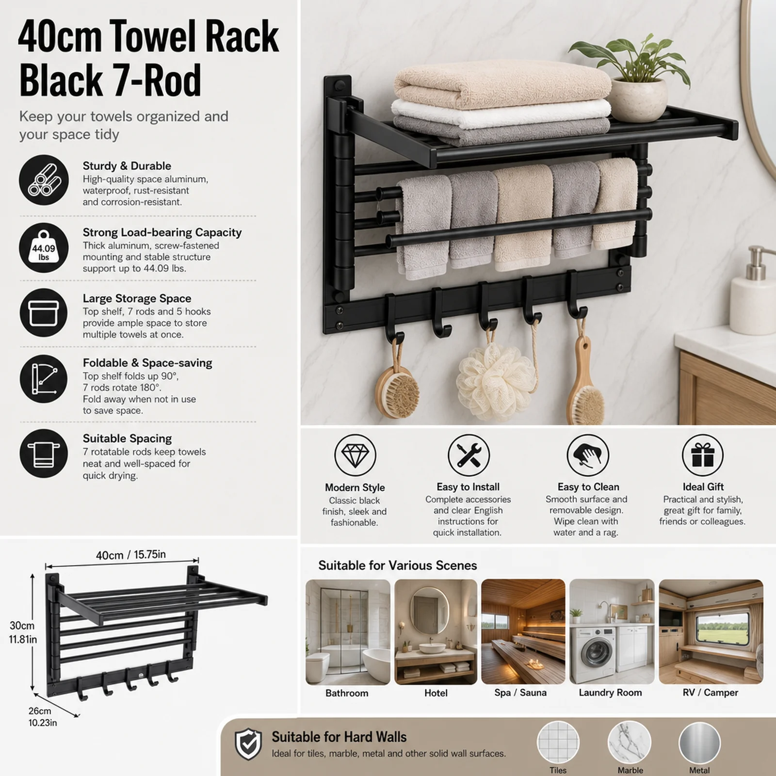Bathroom Towel Shelf Wall Mounted Towel Rack with 7 Rotatable Rods & 5 Hooks, Foldable Space Aluminum Towel Holder Heavy Duty 44lbs for Bathroom Hotel Spa