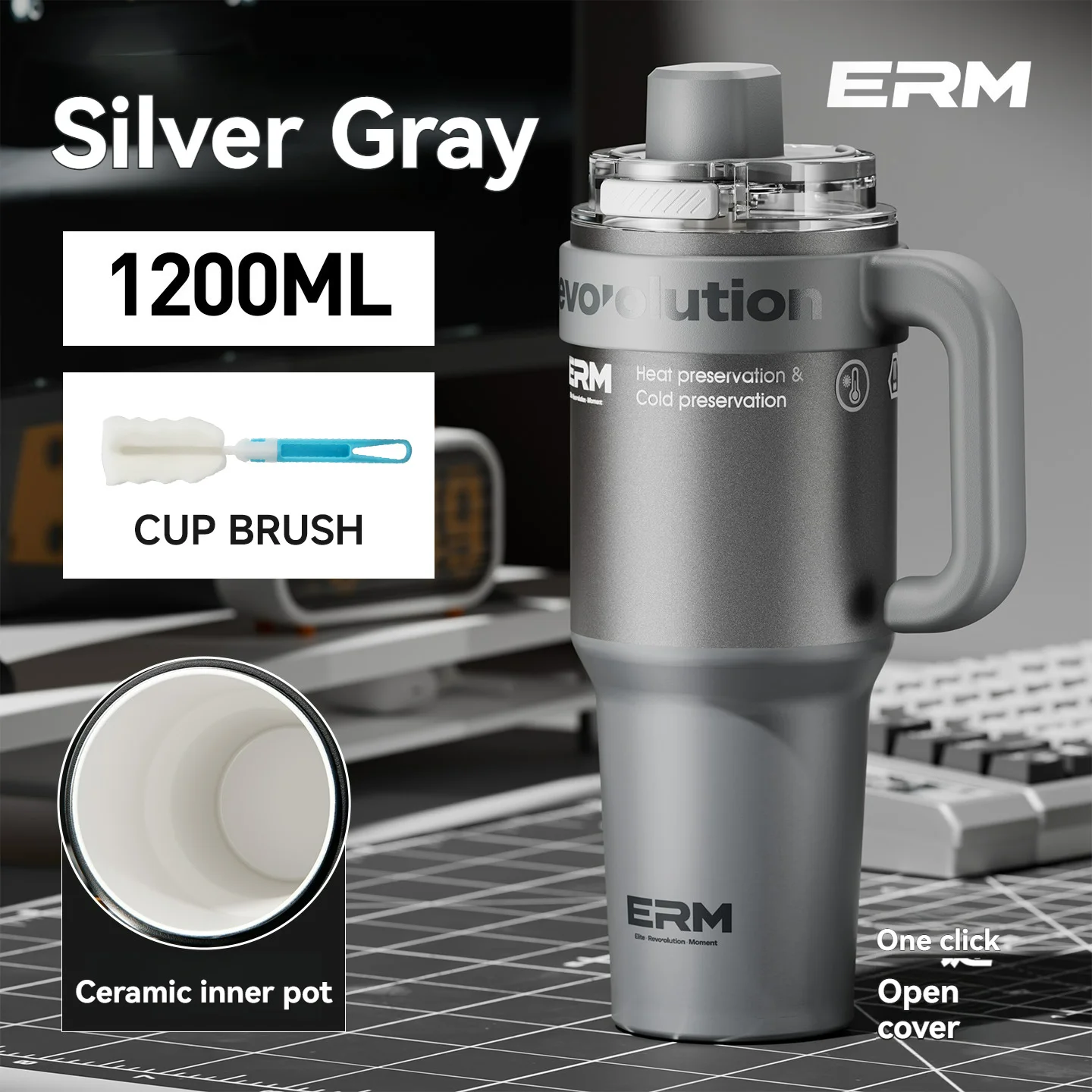 1200ML Extra Großer Keramik-Trinkbecher Edelstahl-Wasserflasche Isolierte Vakuumflasche mit Strohhalm & Griff Auslaufsicher