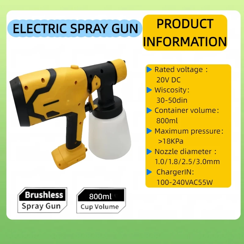 800 ml kabellose elektrische Spritzpistole, tragbares Farbspritzgerät, Hochleistungs-Spritzpistole für Automöbel, leicht zu reinigen, 20-V-Batterie