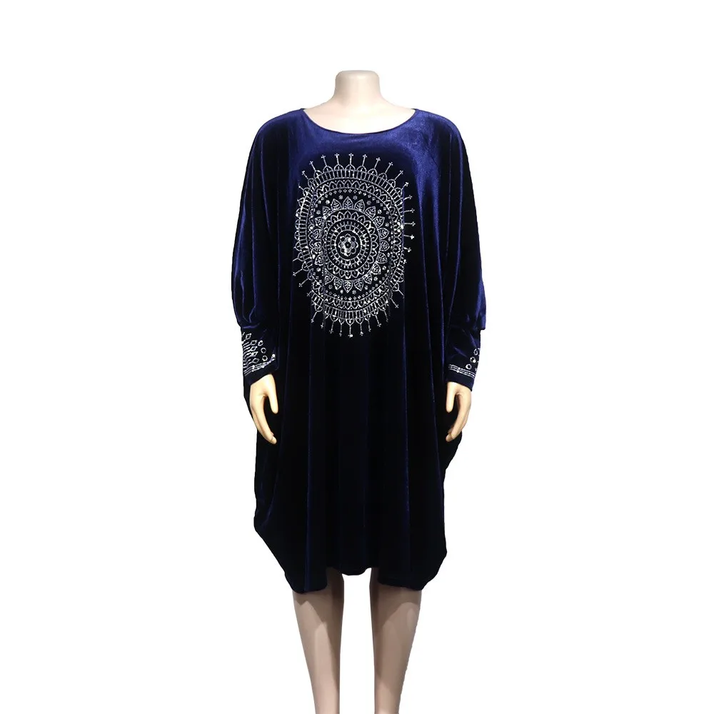 موضة الذهب المخملية الماس مرصع فستان فضفاض الرقبة المستديرة تنورة طويلة الأكمام