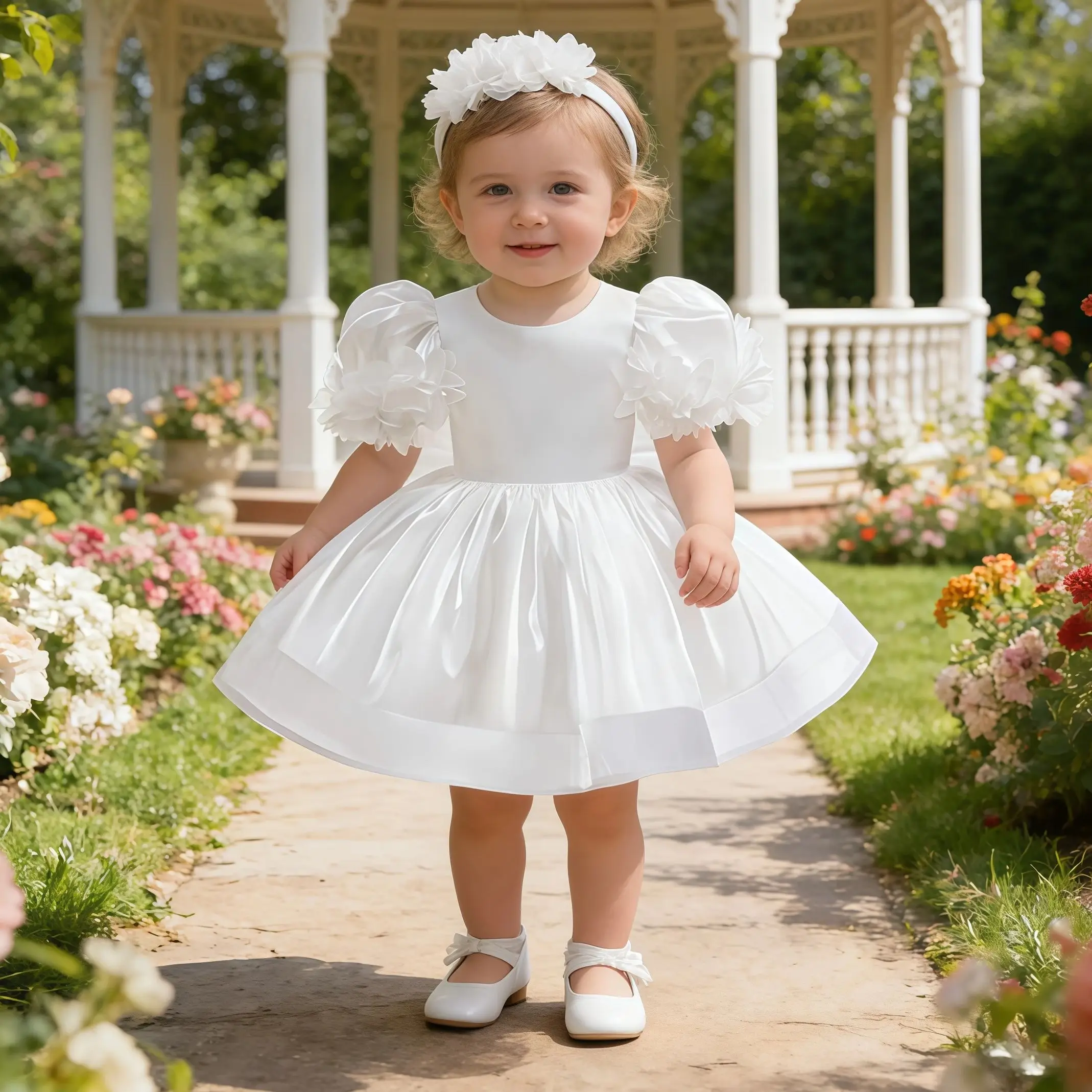 

Baby Girls White Big Bow Princess Dress With Flower Headband For Toddlers Infant Wedding Baptism Pageant 1st Birthday Vestidos