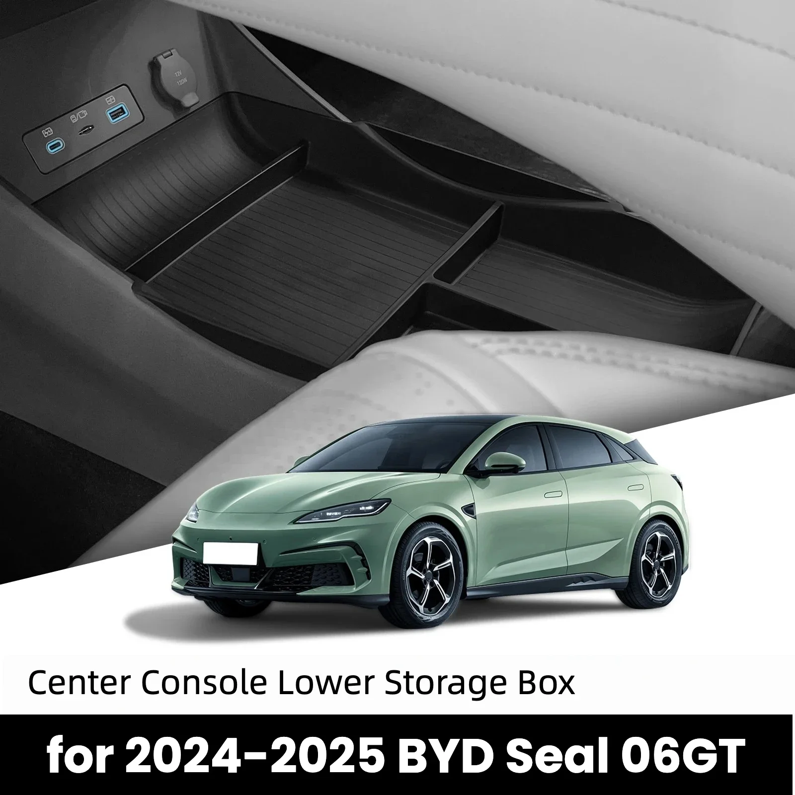 For 2024-2025 BYD Seal 06GT Center Console Lower Storage Box Car Central Tray TPE Organizer Accessories Tidying Black
