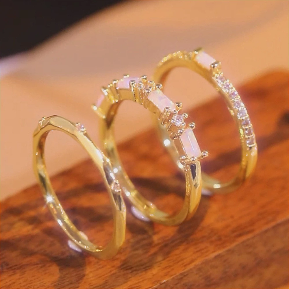 3 Pieces/set Synthetic Opal Ring Set Minimalist Shiny Ring, Romantic Jewelry Gift Girls Essential Jewelry Gift Valentine's Day Gift