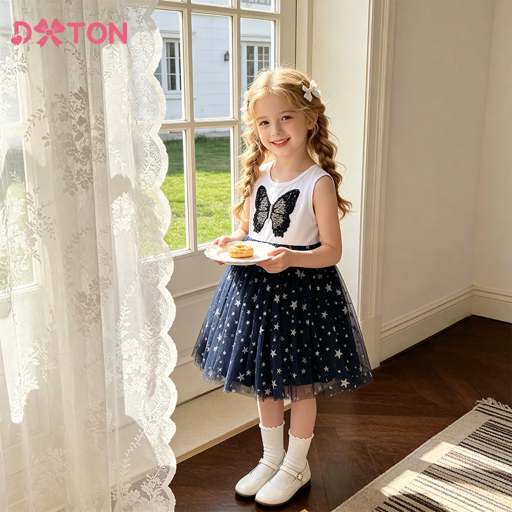 DXTON Sleeveless Girls Princess Dress Butterfly Sequined Summer Kids Cotton Clothing Children Tulle Mesh  Elegant Casual Dress