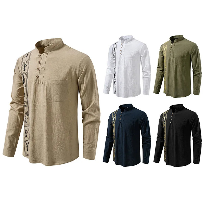 

Хаки, средневековый риканский воротник-стойка с принтом, мужской хлопок и лен, большие размеры, дышащий повседневный стиль, длинное волокно из полиэстера