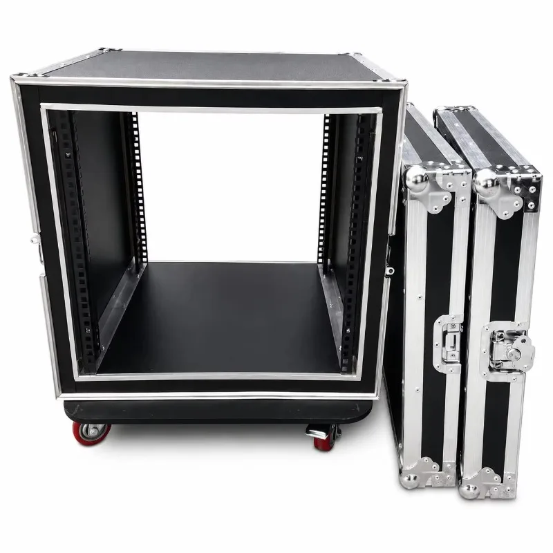 16U Shockproof Double-Layer U Rack Flight Case with Rear Door, Built-in Workstation, and Wheels, OEM Available