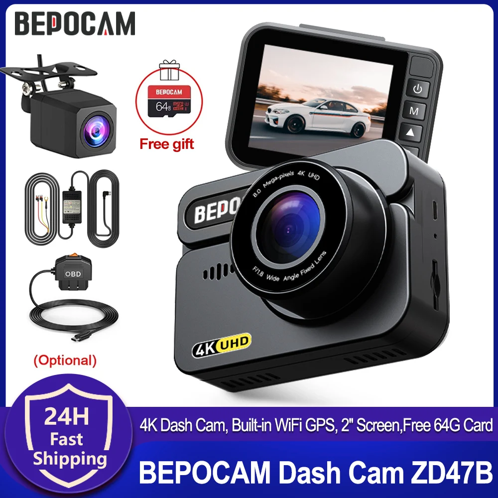 BEPOCAM ZD47B 4K Dash Cam Front and Rear Built-in WiFi GPS Dash Camera for Cars DVR Recorder 24H Parking Monitor Free 64GB Card