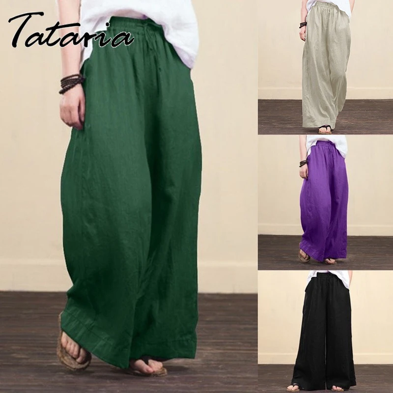 Women Solid Cotton Linen Wide Leg Pants harajuku Casual High Waist big flare Loose Pocket Trousers summer Long Pantalon 4XL 5XL