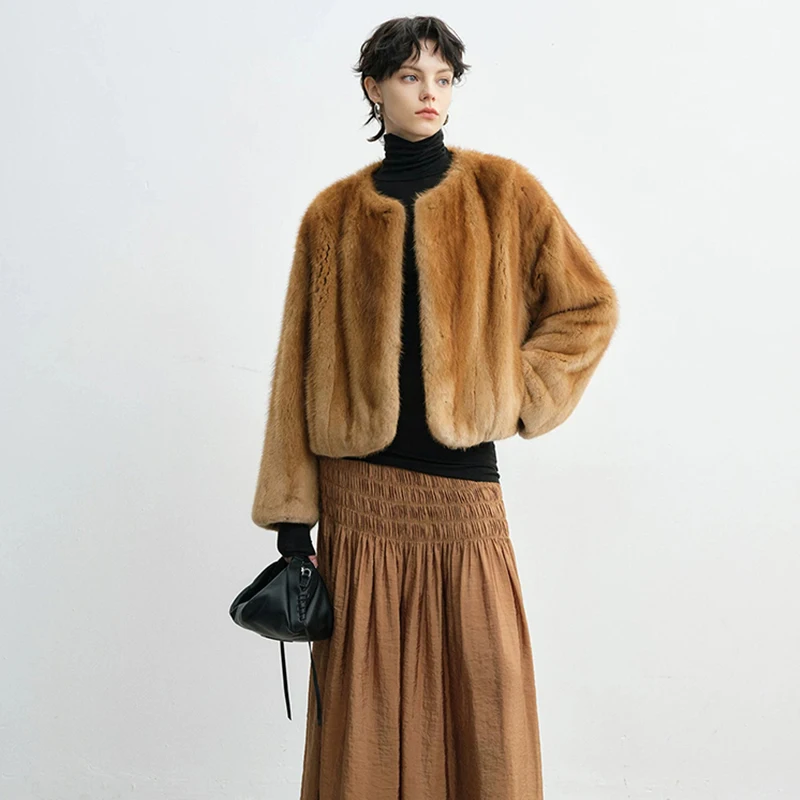 Ftangaiur Winter Mink Fur Coat O-Neck Full Sleeve Mink Coat Pure Color Women New Short Natural Real Mink Fur Coats