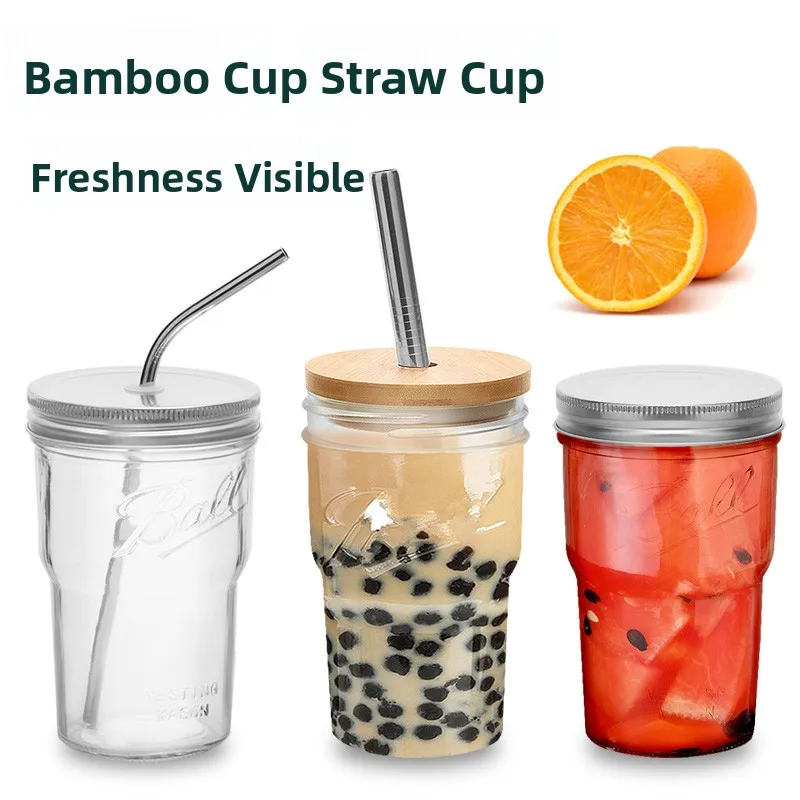 Glass Cup Milk Tea Cup Ice Shake Cold Drink Juice Coffee Bamboo Node Cup Stackable Mason Jar Beverage Straw Cup  Style