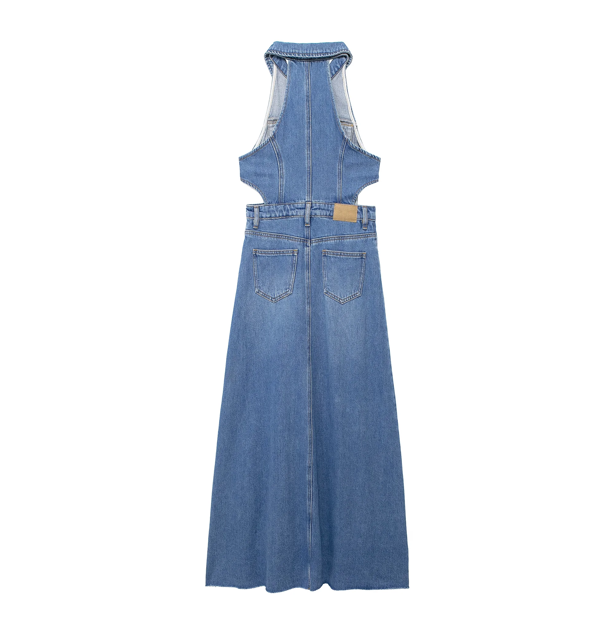 TRAFZA Elegant Denim Cutout Sleeveless Dress Women's Buttons Pockets Long Dress New 2024 Summer Fashion Holiday Glamorous Dress