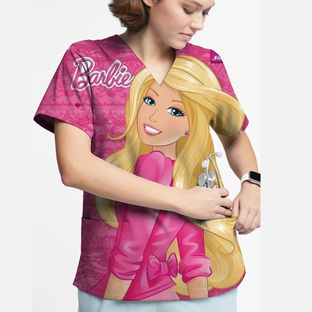 

Personalized Barbie print Medical Scrub Women Dental Uniform Surgical Gown Nursing Cleaning Scrub Tops Short Sleeved Shirt ﻿