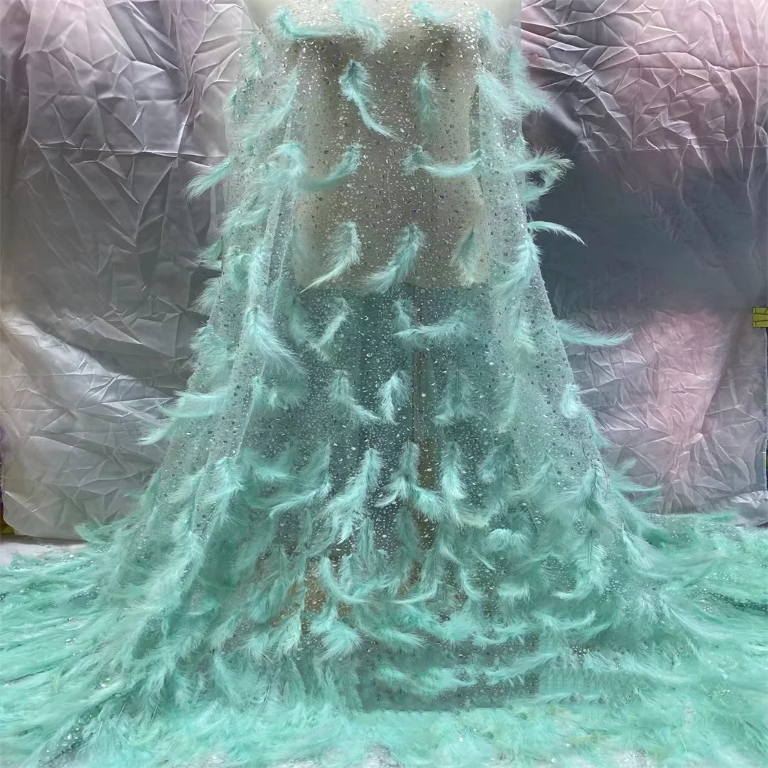 8 Colors High Quality Ostrich Feather Shinny Embroidered Rhinestone Crystal Fabric French Tulle Party Evening Dress Material