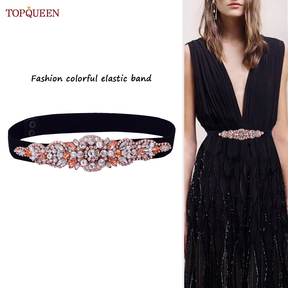 TOPQUEEN S426-B Women Dress Elastic Belt Female Overcoat Accessories Luxury Diamond Rose Gold Rhinestones Elegant Fashion