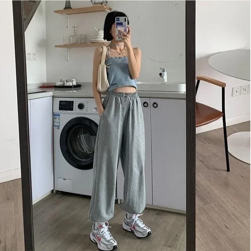 Calça jogger simples para mulheres, calça esportiva de cintura alta, estilo preppy, calça casual larga larga larga larga, calça chique, monocromática, garotas fofas