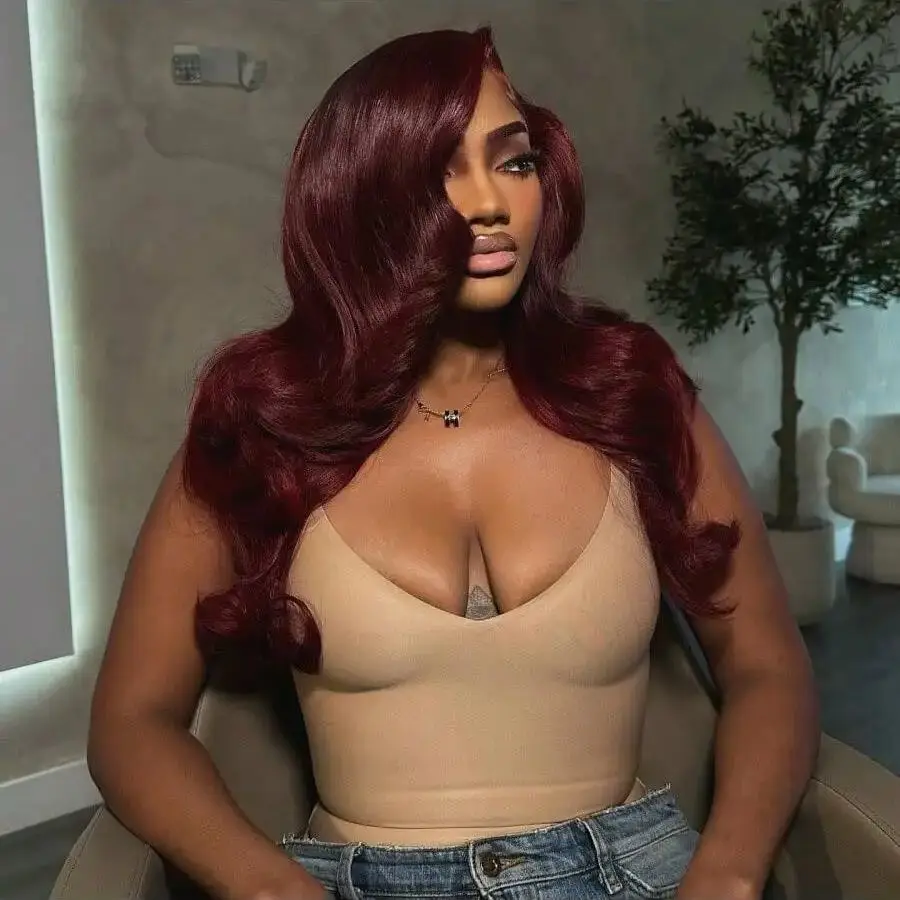 

200% 34 Inch Burgundy Body Wave 13x4 Lace Frontal Human Hair Wigs HD Transparent Lace Pre Plucked With Baby Hair 99J Colored