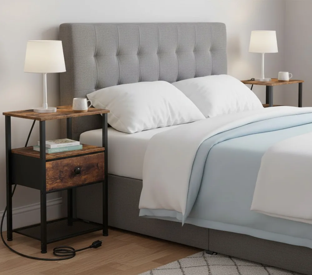 

Набор тумбочек из 2 предметов с зарядной станцией, тканевым ящиком и полкой для хранения для спальни или гостиной коричневого цвета в деревенском стиле