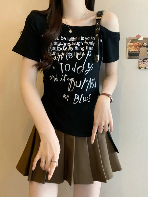 

Женская футболка больших размеров в американском стиле с асимметричным принтом, на бретельках, с коротким рукавом, облегающая, с буквенным принтом, приталенная, размер S