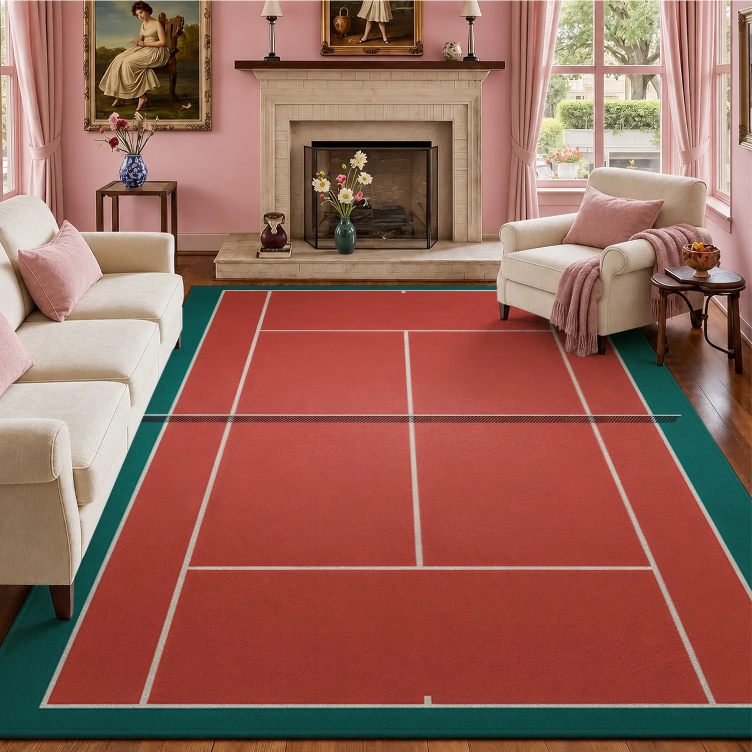 Large Indoor Area Rug, Soft Velvet Low Pile Non-Slip Dotted Backing Machine Washable Teal and Red Tennis Court Design Rug for Living Room Bedroom