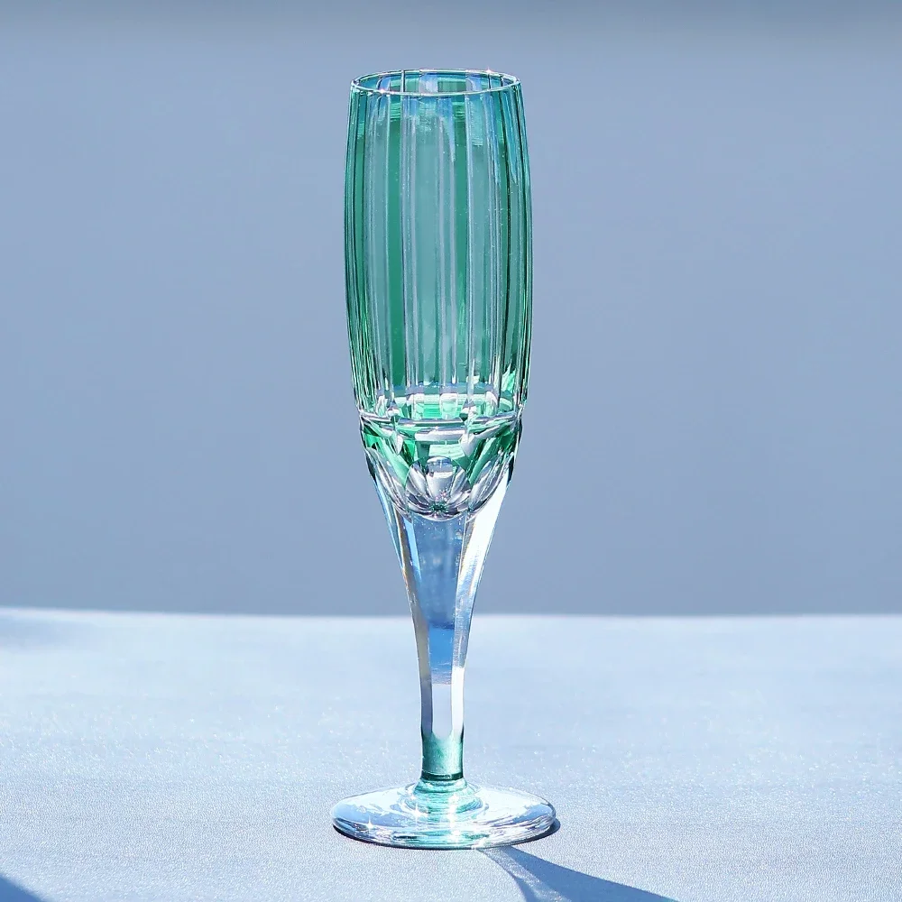 Modern Sage Green Crystal Wine Glass - Hand Cut Stemware with Geometric Pattern - Contemporary Home Bar Essential