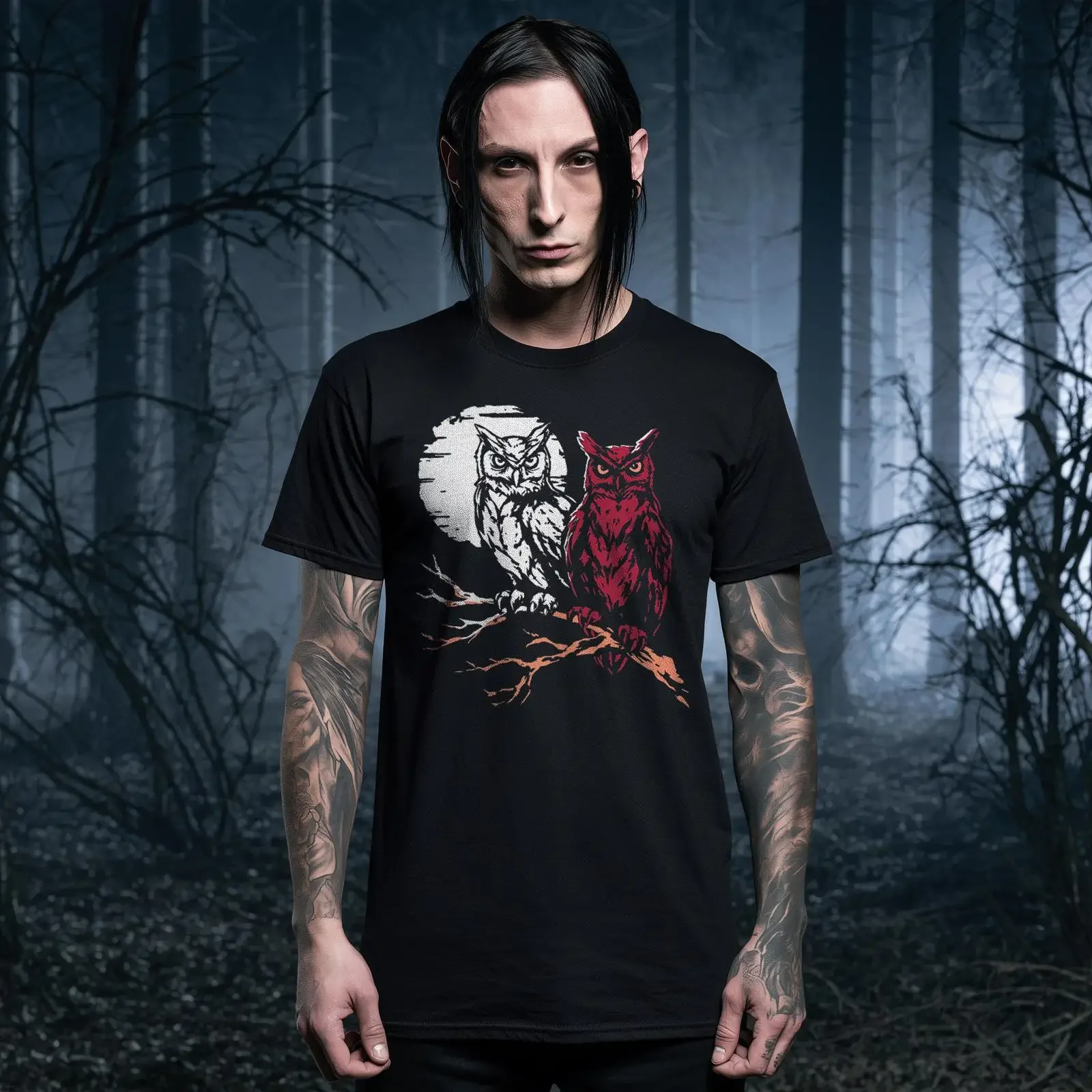 Crimson Vigil T Shirt Twin Owls Red and White Folklore Witchy vintage Washed Breathable graphic Top For Everyday Wear fashion