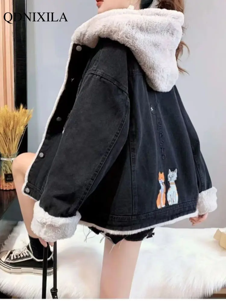 2023 Winter Spring New In Women\'s Denim Jacket Blue with Hat Hoodie Fashion Oversize Embroidered Streetwear Jean Coat Outerwears