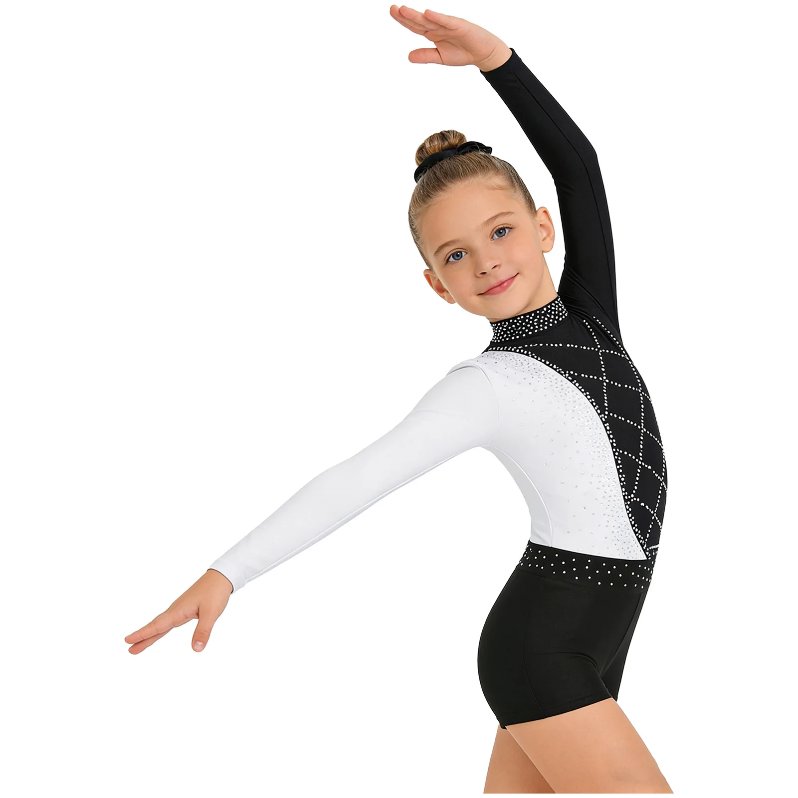 Kids Girls Gymnastics Ballet Dance Figure Skating Acrobatics Costume Long Sleeve Shiny Rhinestones Leotard with Shorts Hairband