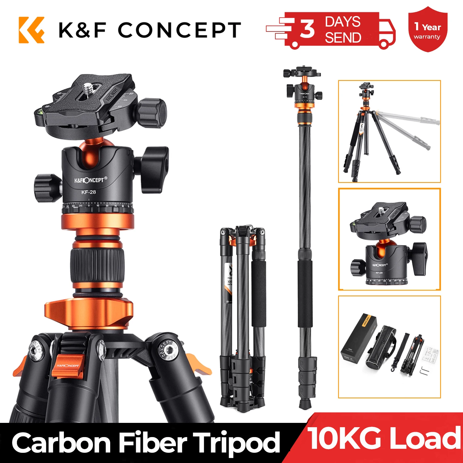 K&F Concept Professional Portable Tripods Carbon Fiber Outdoor Travel Camera Tripod with 360° Ball Head for DSLR Digital Tripode