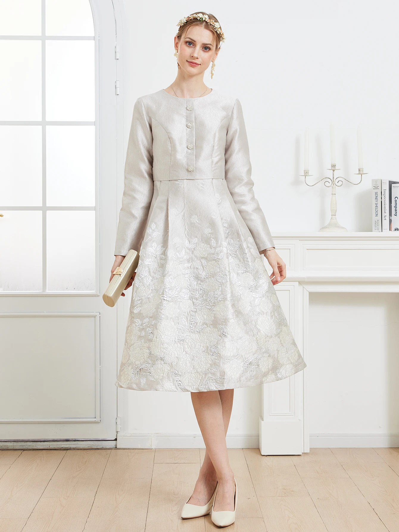 

DEVCHATA Luxury Autumn Fall Jacquard Midi Dress French Style Floral Embroidery Party Gown Lady White Long Sleeve Vestido