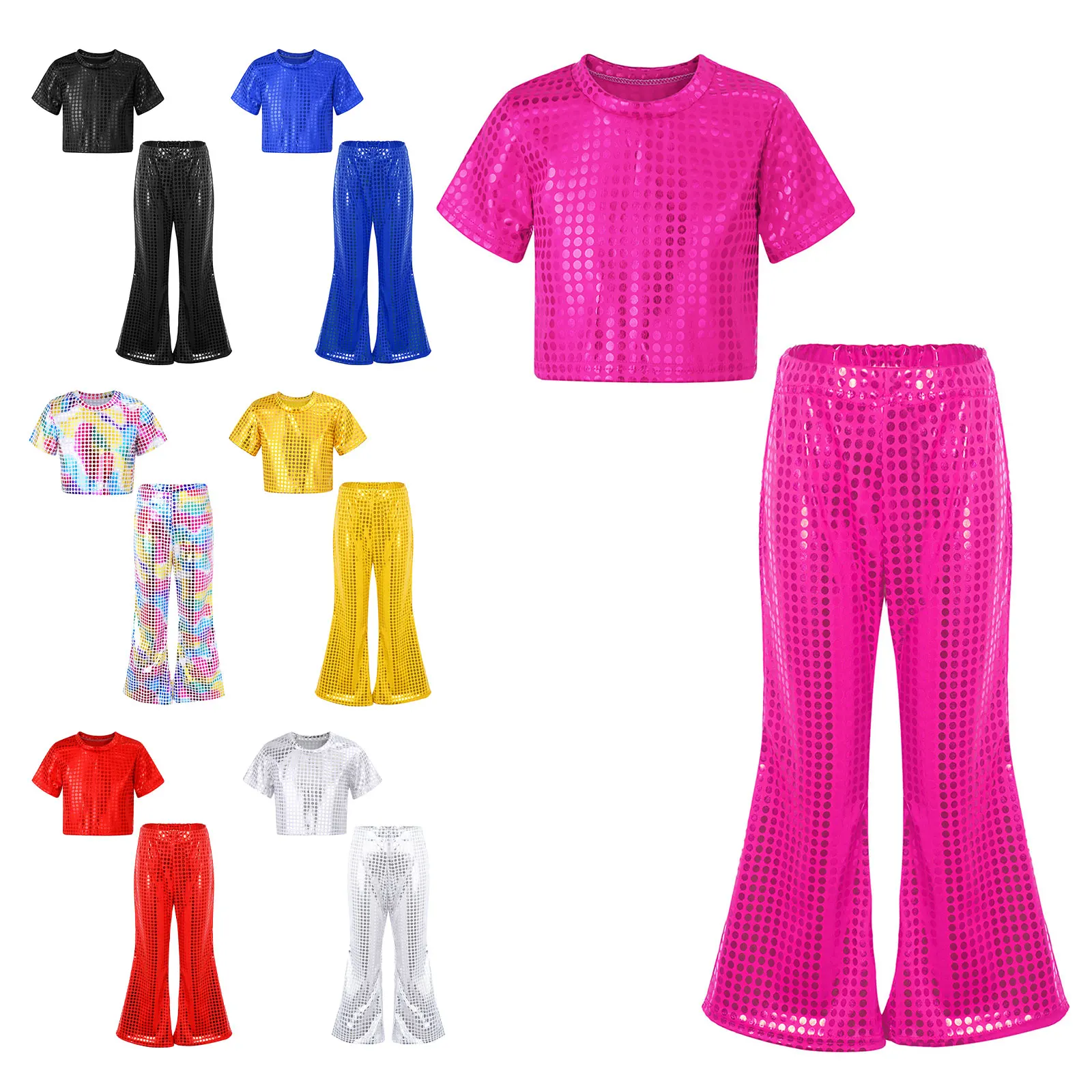 Kids Girls Shiny Metallic Jazz Hip Hop Dance Disco Rave Party Stage Performance Costume Short Sleeve Crop Top with Flared Pants