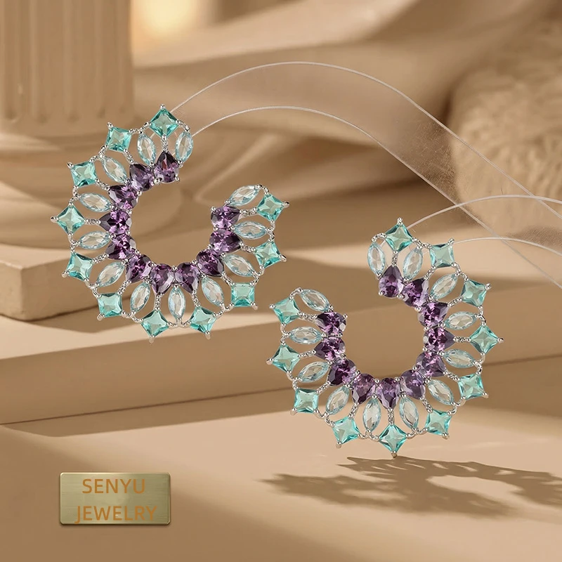 Luxury Marquise&Square Cut Cubic Zirconia C-Stud Earrings 41mm Large Floral Wreath Statement Studs Sparkling Jewelry for Bridal
