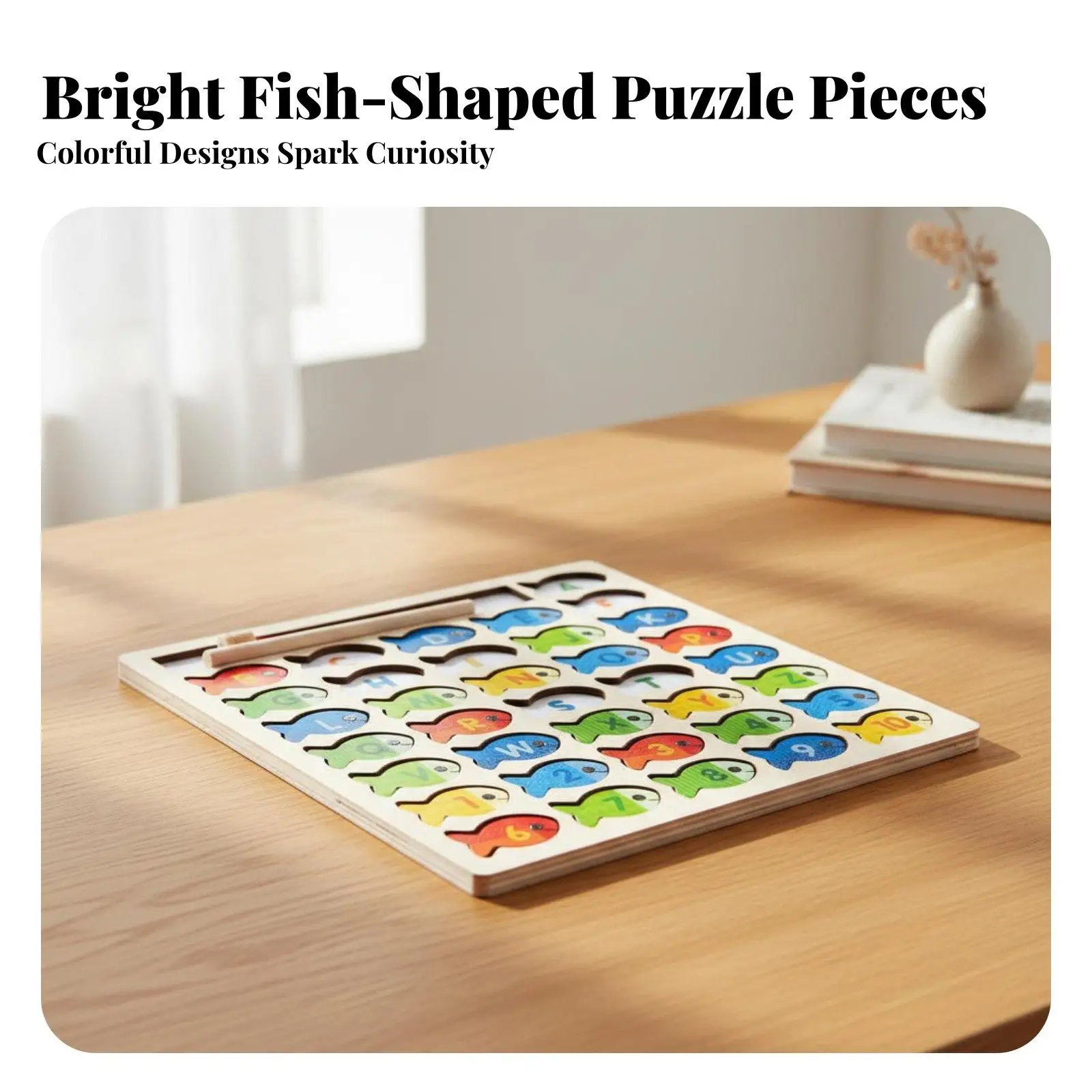 Kids Wooden Educational Fishing Toy Alphabet Number Learning Board Double Sided Puzzle Game for Fine Motor Skills