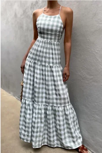 Pop Green and white checkered backless camisole maxi dress in vacation style