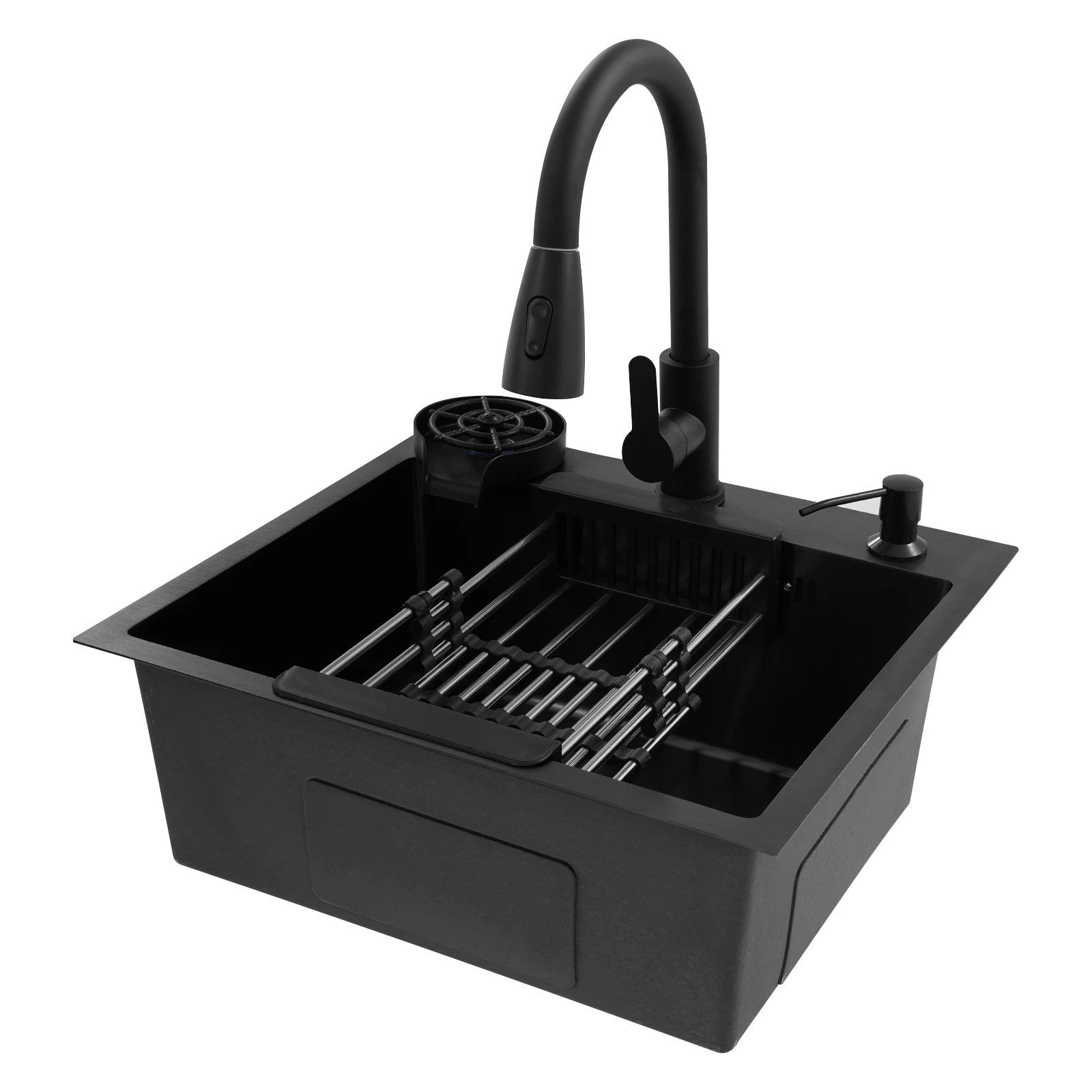 

Multi-functional Kitchen Sink with Retractable Faucet, Soap Dispenser and Drip Basket Black Stainless Steel Sink 3 Specification
