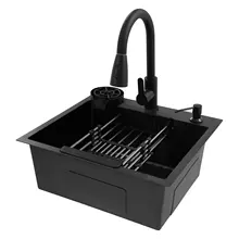 Fregadero de cocina multifuncional con grifo retráctil, dispensador de jabón y cesta de goteo Fregadero de