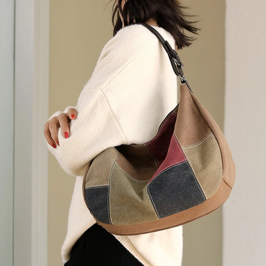Tecido de lona viajando retalhos bolsa ombro alta capacidade feminina crossbody saco do mensageiro lazer versátil ombro hobos sacos