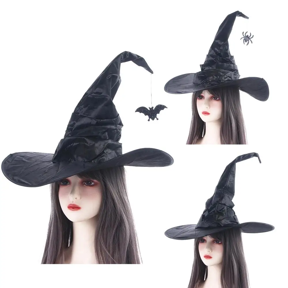 Adult Black Parties Bat Night club Performance Props Witch Hats Halloween Hats Sorcerer Caps Black Folds Wizard Cap