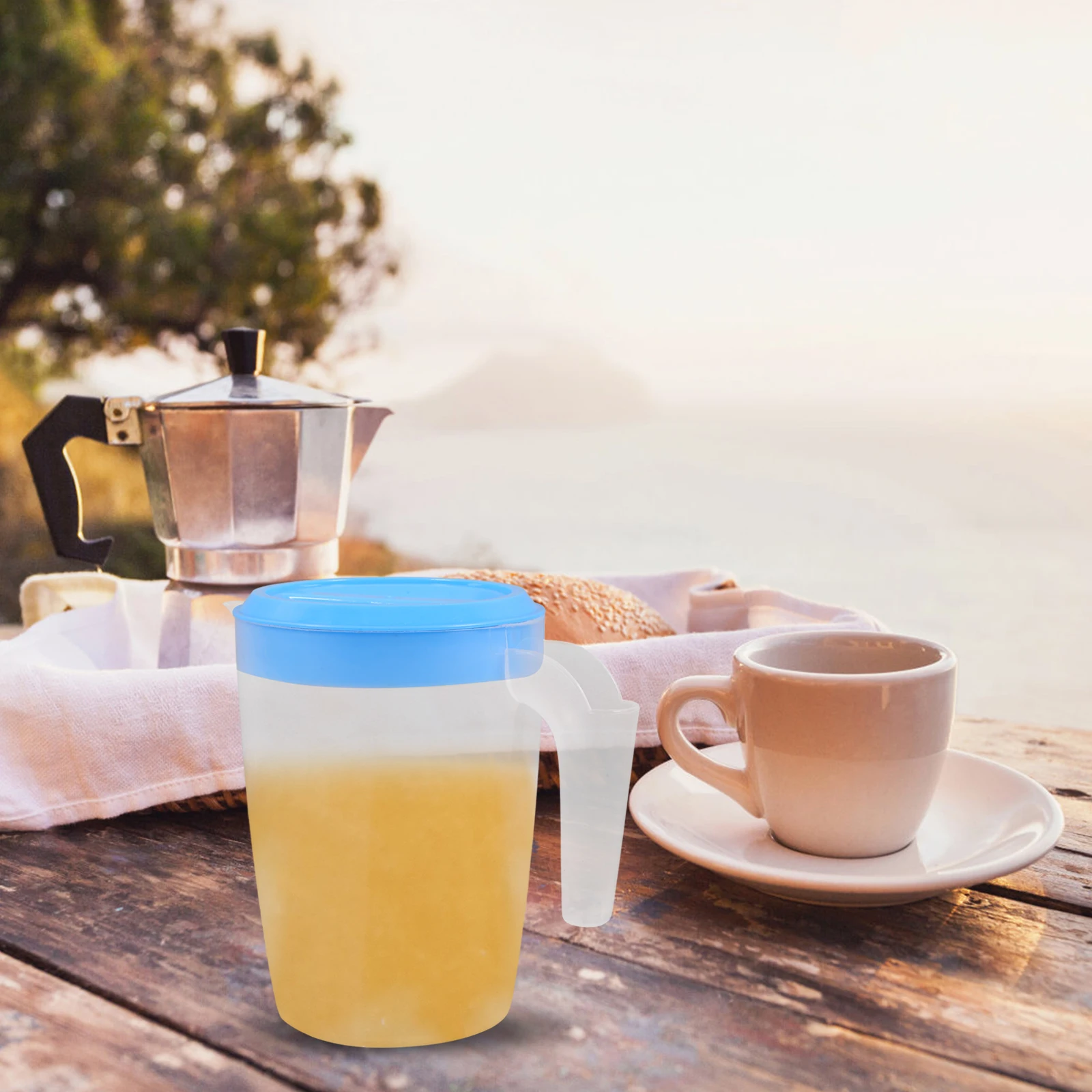 

Plastic Water 1L Round Pitchers For Drinks Blue Lid for Home Office Restaurant Cold Tea Juice Beverage Storage