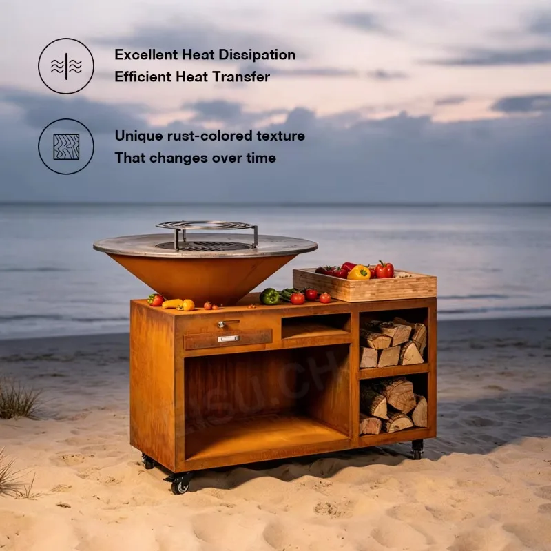 Camping Modern Corten Steel Log Store Powder Coated Charcoal Barbecue Grill Trolley Outdoor BBQ Grill