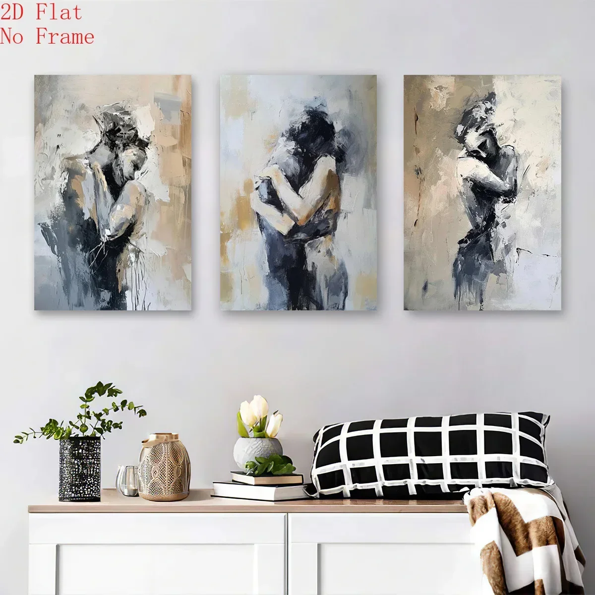 Frameless 3pcs Canvas Painting 2D Flat, 3pcs Modern Abstract Lovers Embrace - Frameless Canvas Posters Suitable for Living Room,