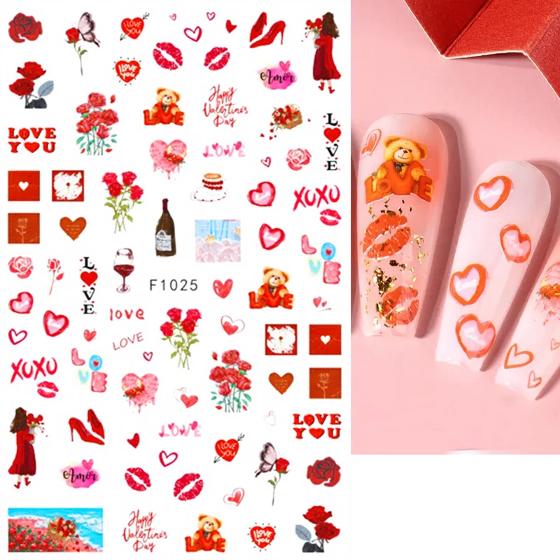 Pegatinas de uñas de San Valentín de dibujos animados 3D, corazón de amor, gato, oso, globo, letras rosas, láminas románticas, esmalte de Gel deslizante, decoración de manicura